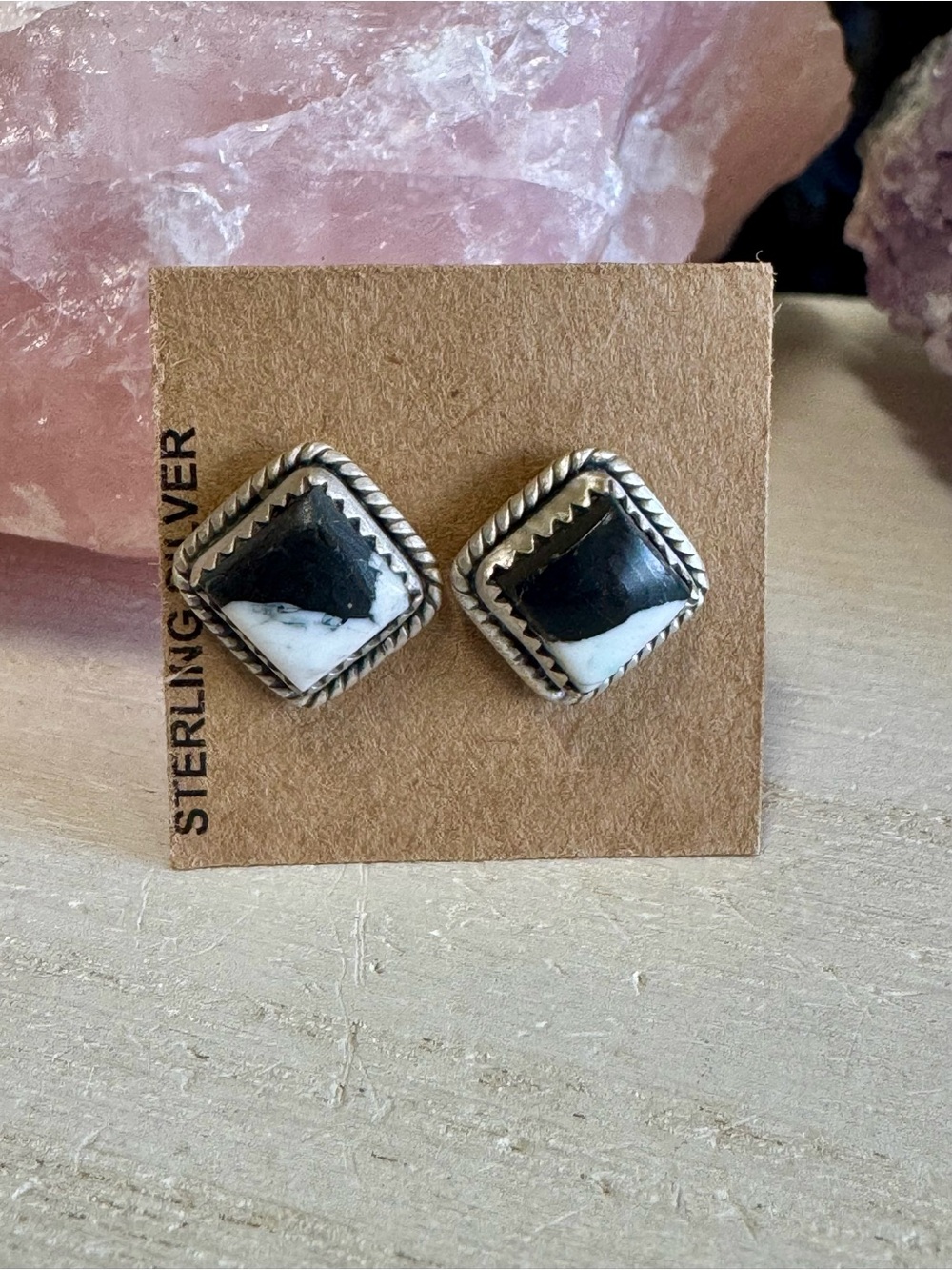 White Buffalo Stone Sterling Silver Black Square Stud Earrings - Handcrafted